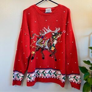 Vintage Mary Engelbreit Reindeer Christmas Sweater, 1X, Real Bells